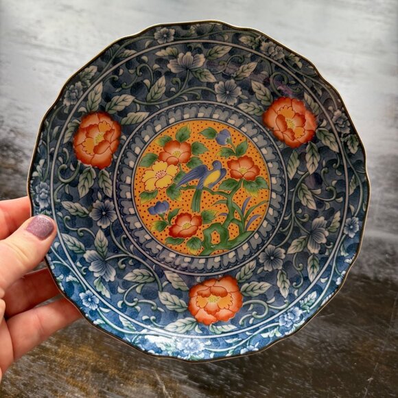 Arita Ware Porcelain Japanese Bowl Juzan Gama Mark Blue Green Pink Floral Bird - Picture 2 of 5